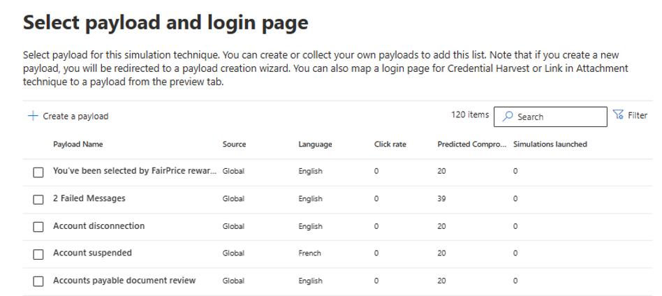 Page preview on payload and login page for the Attack Simulation Training