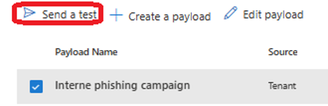 "Send a Test" payload email option in Microsoft Attack Simulation Training portal. 